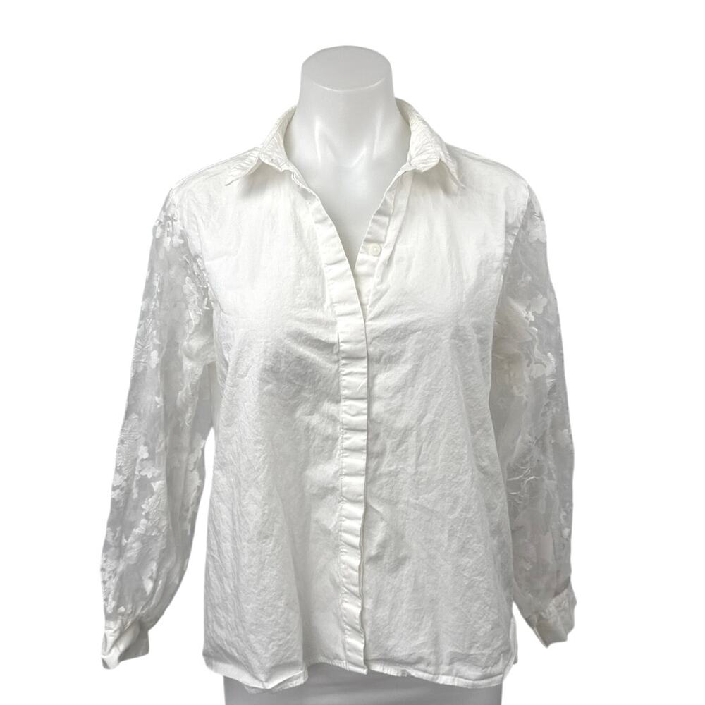Zara Women's White Mesh Floral Long Sleeve Button Down Blouse Shirt Top Size L